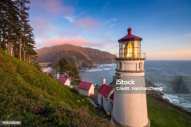 Regal View Heceta Head Lighthouse Shining Across Oregon Coast Stock Photo - Download Image Now