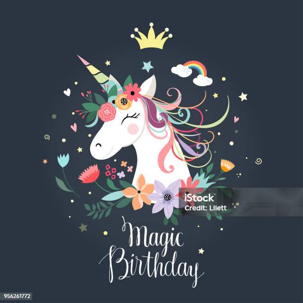 Unicorn Birthday Card Stock Illustration - Download Image Now - Unicorn, Birthday, Invitation