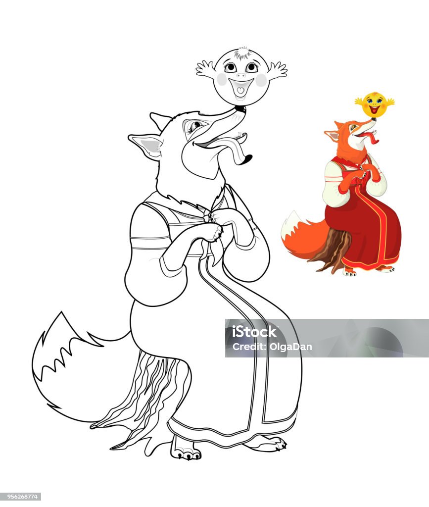 The Fox and the Gingerbread Man - Coloring A cunning fox holds a kolobok on his nose, a Russian folk tale. Black and white picture. Vector illustration. Coloring, black and white picture for coloring, color pencils. Children s creativity. Kolobok - Fictional Character stock vector