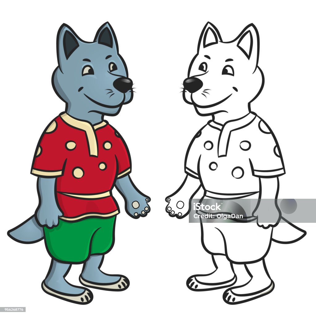 Wolf coloring pages A wolf character, cheerful, dear. Black and white picture. Vector illustration. Coloring, black and white picture for coloring, color pencils. Children s creativity. Vector illustration Animal stock vector