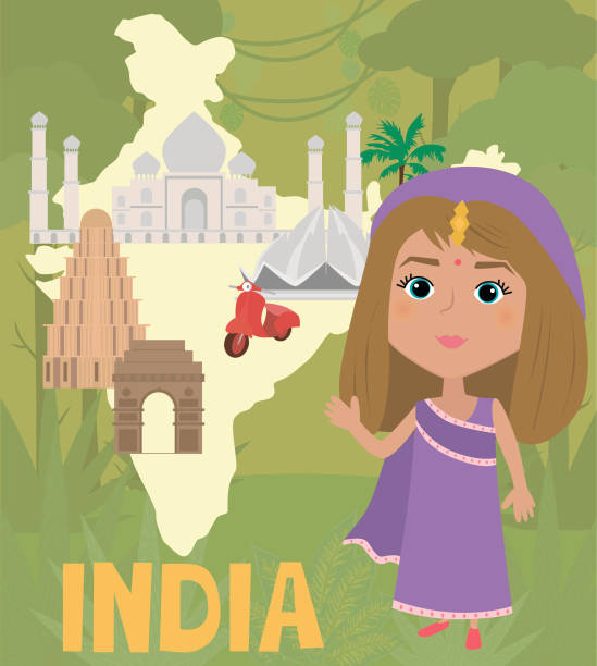 ilustraciones, imágenes clip art, dibujos animados e iconos de stock de gente del cartel del mundo. personaje de la india en trajes nacionales y mapa con lugares de interés - global traditional culture global communications child