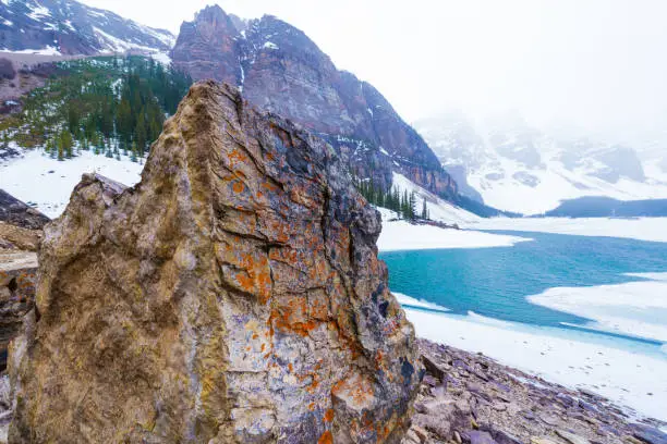 Moraine Lake, Banff, Alberta, reddish brown rocks, turquoise colour lakes and snow cap mountains