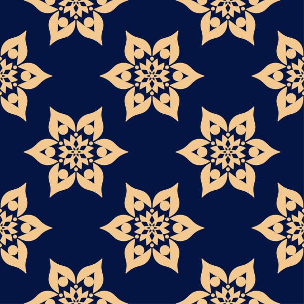 золотой цветочный бесшовный узор на синем фоне - f04 stock illustrations