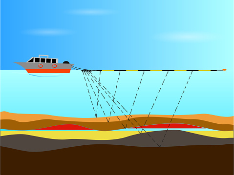 Marine seismic operations at sea, vector illustration