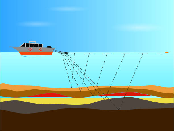 Marine seismic operations at sea Marine seismic operations at sea, vector illustration underwater exploration stock illustrations