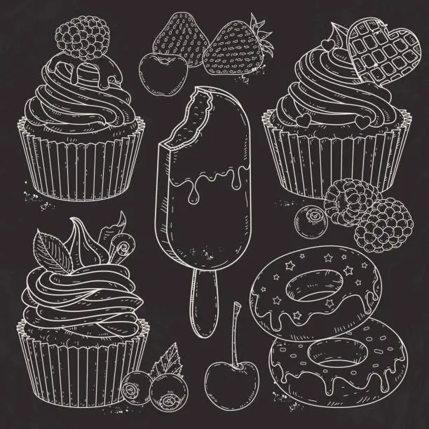 Vector illustration of dessert, cupcakes, cakes, doughnuts and berries, silhouette on black background