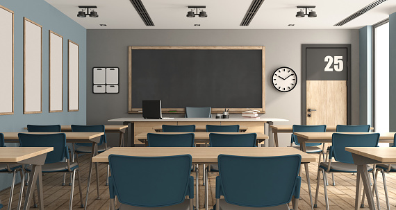 Blue and gray modern classroom without students - 3d rendering
Note: the room does not exist in reality, Property model is not necessary