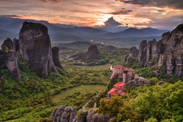 Beautiful sunset on the valley of the monasteries of Meteora, Greece