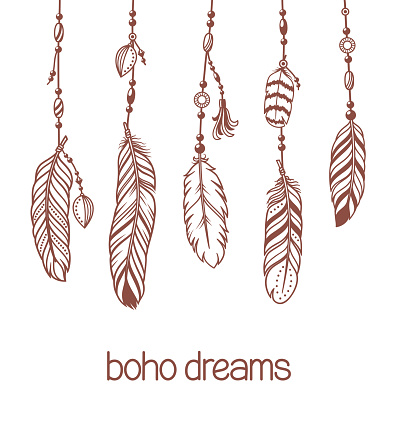 Set of pendants and hangers with bird feathers and beads. Boho, hippie, ethnic style, fashion design elements