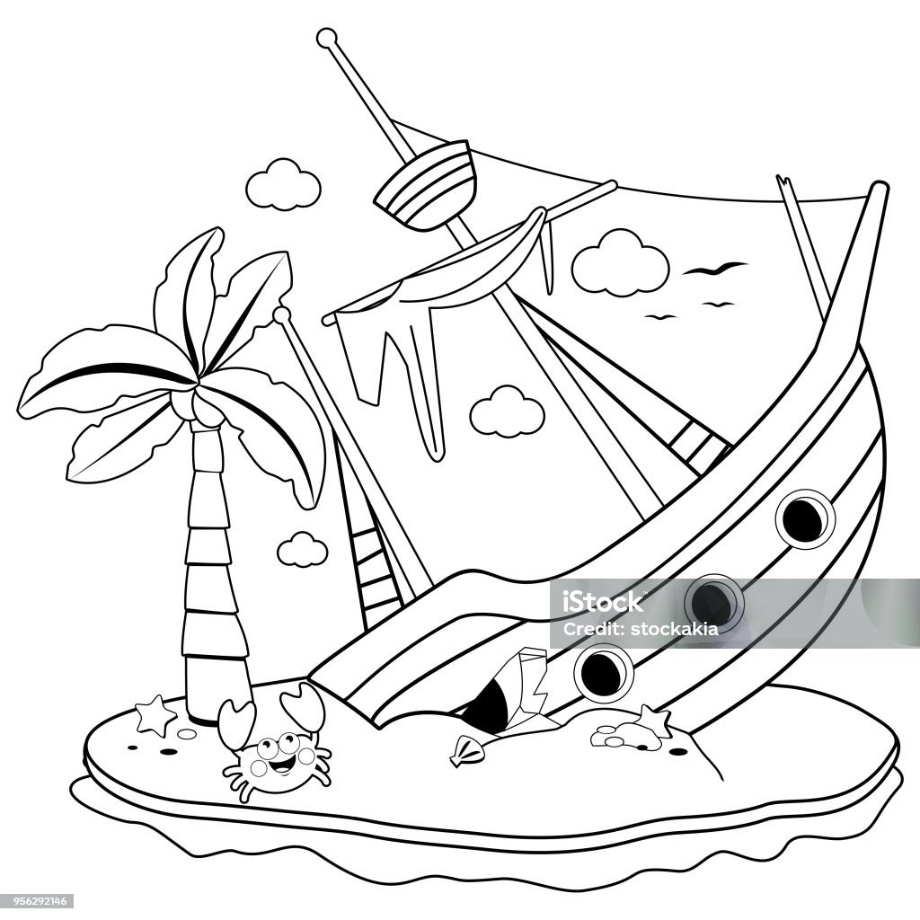 Shipwreck on an island. Black and white coloring book page A broken ship on a deserted island with a palm tree and a crab. Vector black and white illustration Coloring Book Page - Illlustration Technique stock vector