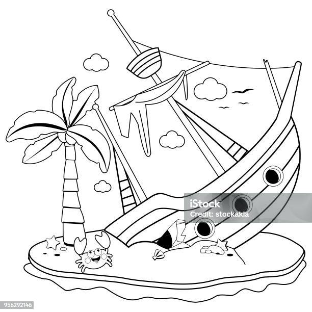 Shipwreck On An Island Black And White Coloring Book Page Stock Illustration - Download Image Now