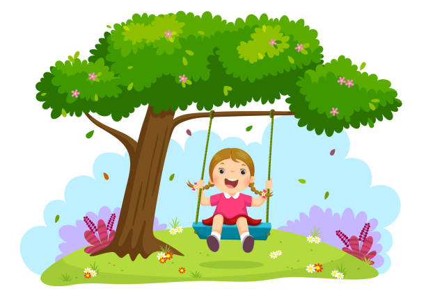 ilustraciones, imágenes clip art, dibujos animados e iconos de stock de niña niño feliz riendo y columpiándose en un columpio en el árbol - child swing swinging spring