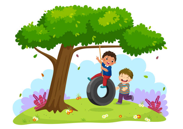 ilustrações de stock, clip art, desenhos animados e ícones de happy two boys playing tire swing under the tree - tire swing