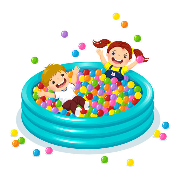 ilustrações de stock, clip art, desenhos animados e ícones de children playing with colorful balls in ball pool - inflatable child playground leisure games
