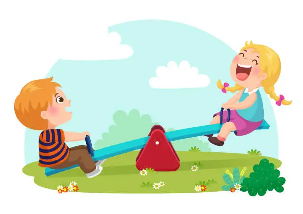 Vector illustration of Cute kids having fun on seesaw at playground