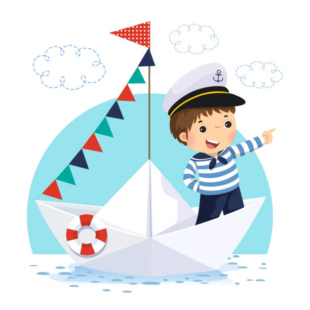 illustrations, cliparts, dessins animés et icônes de petit garçon en costume marin debout dans un bateau en papier - marin