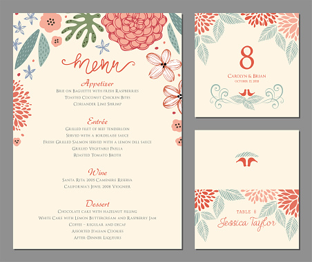Wedding menu, table number and name place card design. Vector illustration.