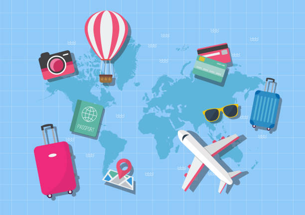 ilustraciones, imágenes clip art, dibujos animados e iconos de stock de concepto de viajes de mapa mundo - turismo vacaciones