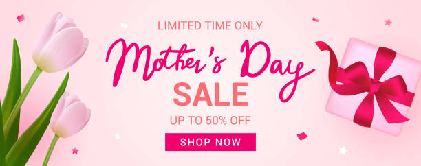 Mother's Day Sale Banner vector illustration, Beautiful Tulips with gift box. Mother's Day Sale Banner vector illustration, Beautiful Tulips with gift box. bouquet backgrounds spring tulip stock illustrations