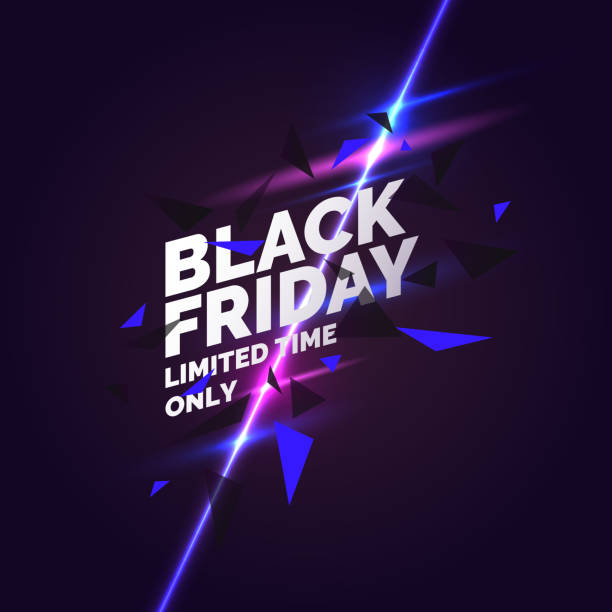 Black friday banner. Original poster for discount. Geometric shapes and neon glow against a dark background Black friday banner. Original poster for discount. Geometric shapes and neon glow against a dark background. Vector illustration. book bookstore sale shopping stock illustrations