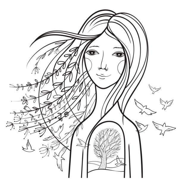 unity with nature Conceptual illustration with a tranquil girl. Picture about the soul, the harmony of the inside, about the unity with nature. Contour vector illustration. spirituality smiling black and white line art stock illustrations