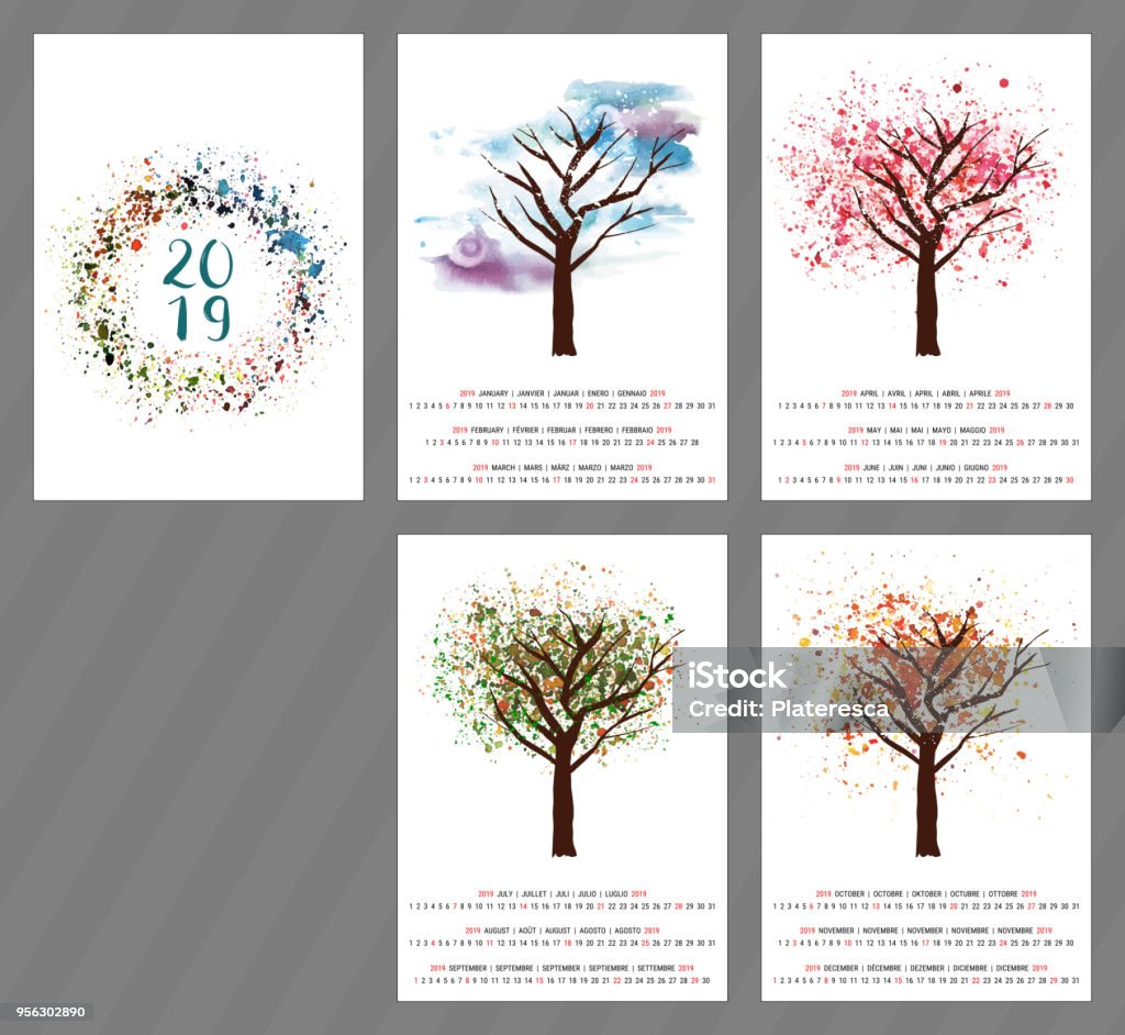 Vector calendar for year 2019 with watercolor tree and copy space A scalable vector calendar for the year 2019 with a watercolor and vector drawing of a tree changing as the seasons change, with four pages and a cover with an abstract texture, with copy space Four Seasons stock vector