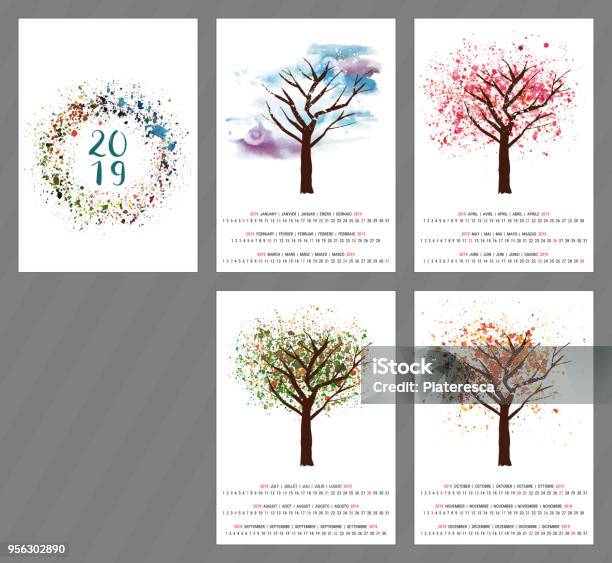 Vector Calendar For Year 2019 With Watercolor Tree And Copy Space Stock Illustration - Download Image Now