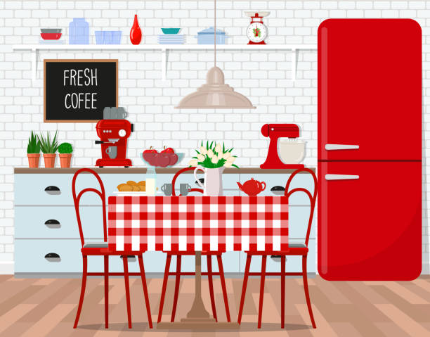 istock Interior design of kitchen, dining room in retro style. Vector flat illustration. Isolated vector objects 956303350