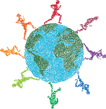 Eight Scribble style runners circle the globe. Runners unite! Colors can be easily changed on this layered vector illustration.  

[url=http://www.istockphoto.com/file_search.php?action=file&lightboxID=8348533]To See similar scribble style Illustrations CLICK HERE! [/url].