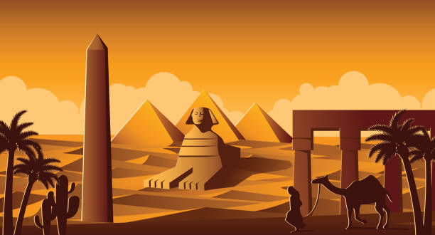 illustrazioni stock, clip art, cartoni animati e icone di tendenza di sfinge e piramide famoso punto di riferimento dell'egitto, versione cartoon - egypt cairo pyramid sunset