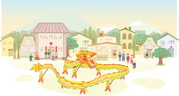 Vector illustration of Chinese Dragon Dance show