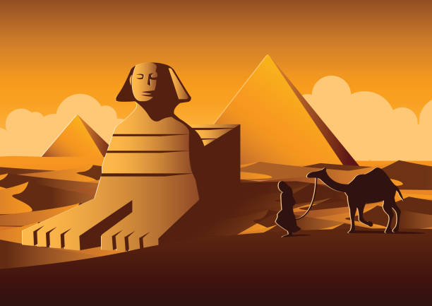 illustrazioni stock, clip art, cartoni animati e icone di tendenza di sfinge e piramide famoso punto di riferimento dell'egitto, versione cartoon - egypt cairo pyramid sunset