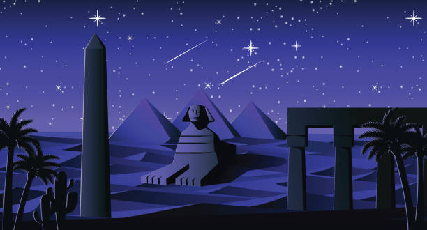 스핑크스와 피라미드 이집트, 만화 버전의 유명한 랜드마크 - sphinx night pyramid cairo stock illustrations