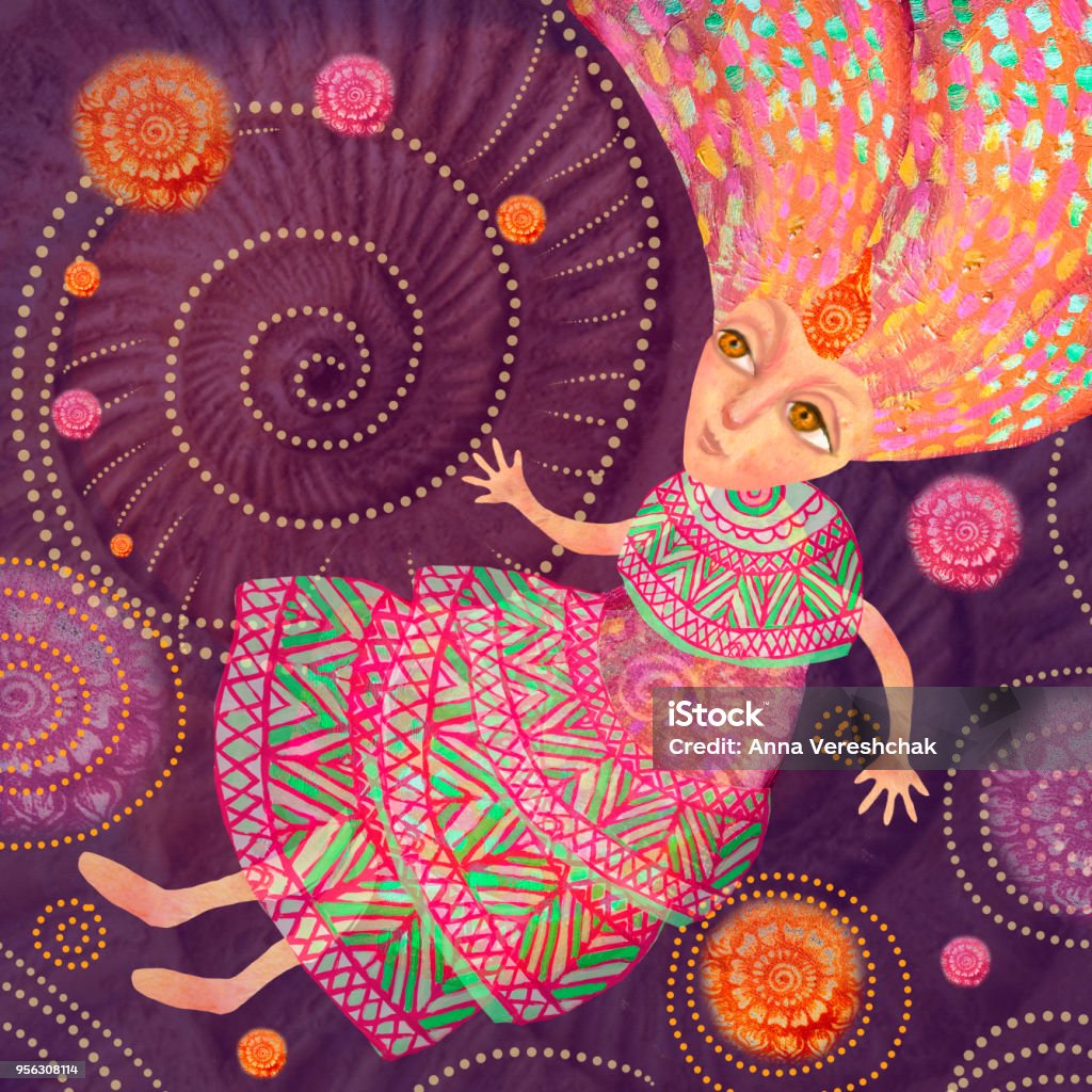 A girl from a fairy tale in an ethnic dress flies in fantastic spheres A girl from a fairy tale in an ethnic dress flies in fantastic spheres. Illustration for use in the subject line dancing mandala, energy practices, Mental Immersion Coaching Mandala stock illustration