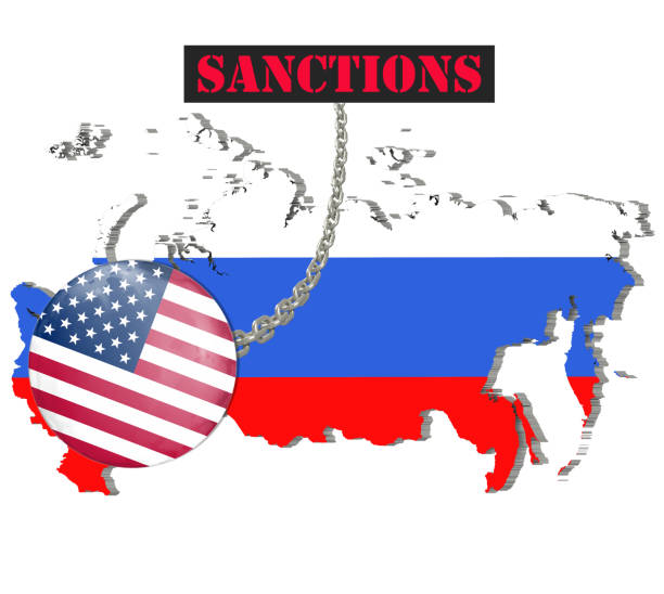 United States of America sanctions against Russia, flag and emblem. 3d illustration. Isolated on white background. United States of America sanctions against Russia, flag and emblem. 3d illustration. Isolated on white background. настойка прополиса с молоком на ночь stock pictures, royalty-free photos & images
