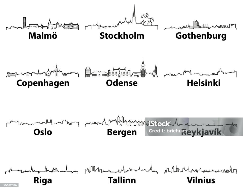 vector abstract outlines icons of North Europe cities skylines Urban Skyline stock vector