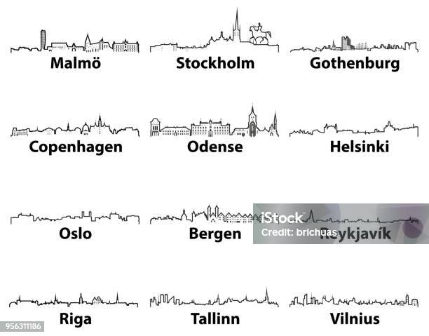 Vector Abstract Outlines Icons Of North Europe Cities Skylines Stock Illustration - Download Image Now