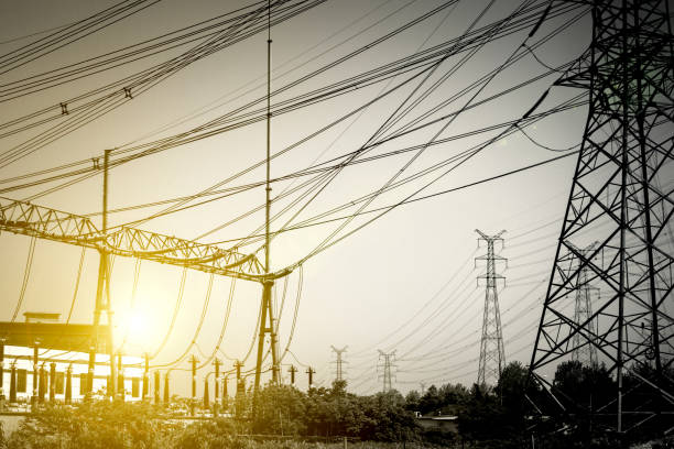 istock Substation equipment and dense lines, blue tone map. 956311852