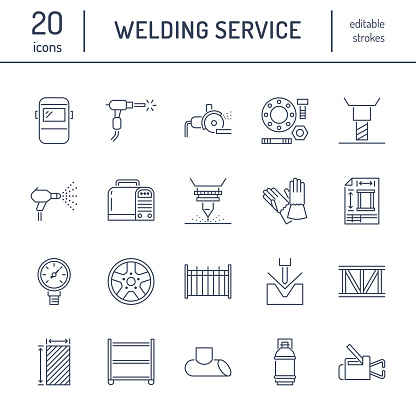 Welding services flat line icons. Rolled metal products, steelwork, stainless steel laser cutting, fabrication, turning works, safety equipment, powder coating. Industry thin sign for welder services.