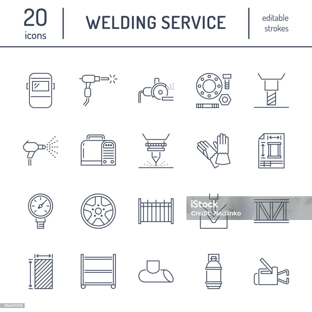Welding services flat line icons. Rolled metal products, steelwork, stainless steel laser cutting, fabrication, turning works, safety equipment, powder coating. Industry thin sign for welder services Welding services flat line icons. Rolled metal products, steelwork, stainless steel laser cutting, fabrication, turning works, safety equipment, powder coating. Industry thin sign for welder services. Welder stock vector