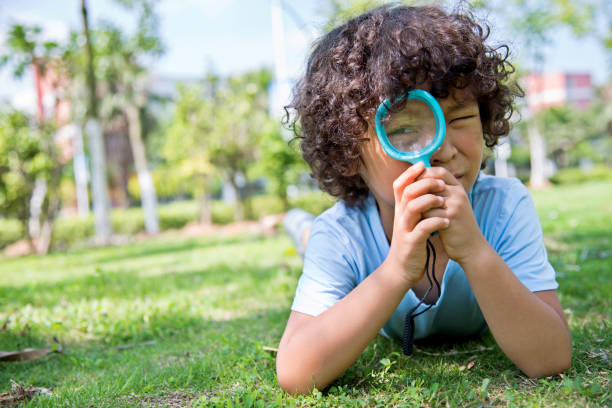 istock Little boy with magnifying glass in park 956322348
