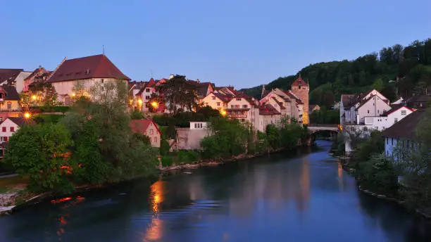 City of Brugg and river Aare at dawn.