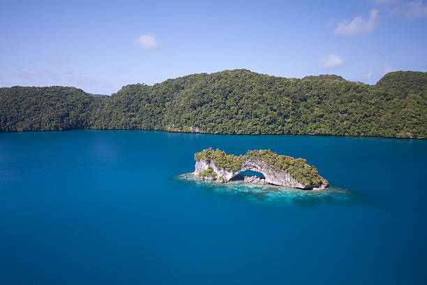 palau-arche naturelle - micronesia lagoon palau aerial view photos et images de collection