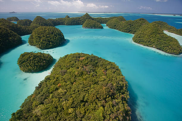 palau-islas rocosas - micronesia lagoon palau aerial view fotografías e imágenes de stock