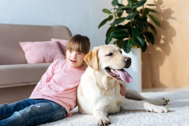 istock Child with down syndrome hugging Labrador retriever on the floor 956329590