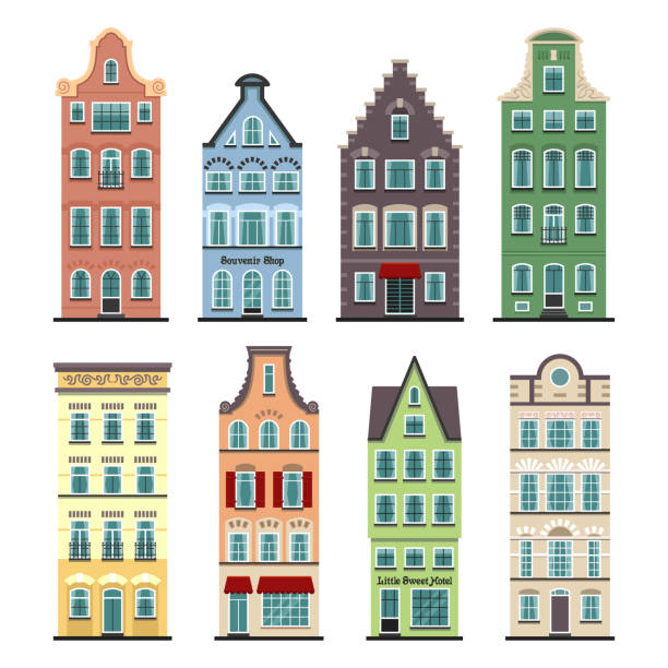 illustrations, cliparts, dessins animés et icônes de ensemble de vieux 8 amsterdam abrite des façades de dessin animé - model home house home interior roof