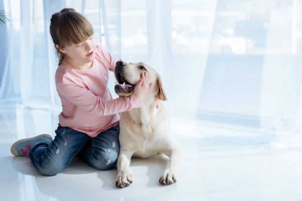 istock Kid with down syndrome playing with Labrador retriever 956331388