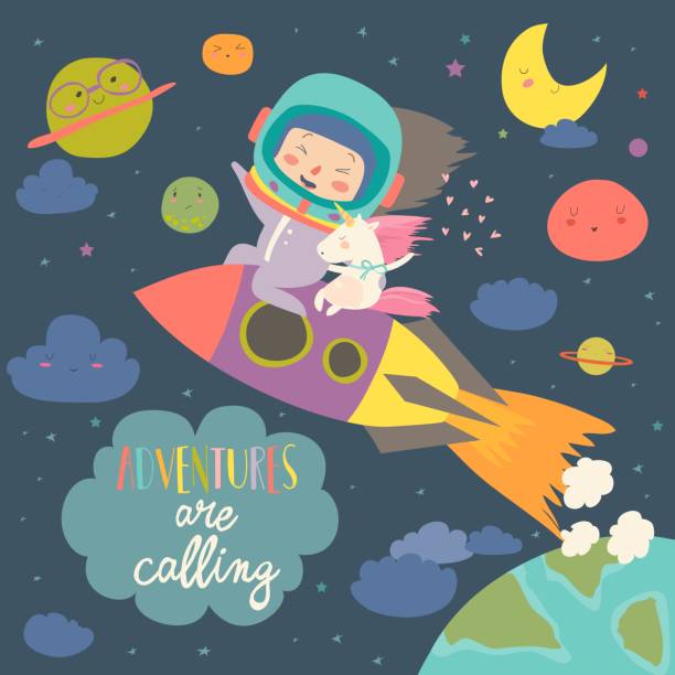 dziewczyna astronauta z jej jednorożca jazda rakietą - heat beautiful joy happiness stock illustrations