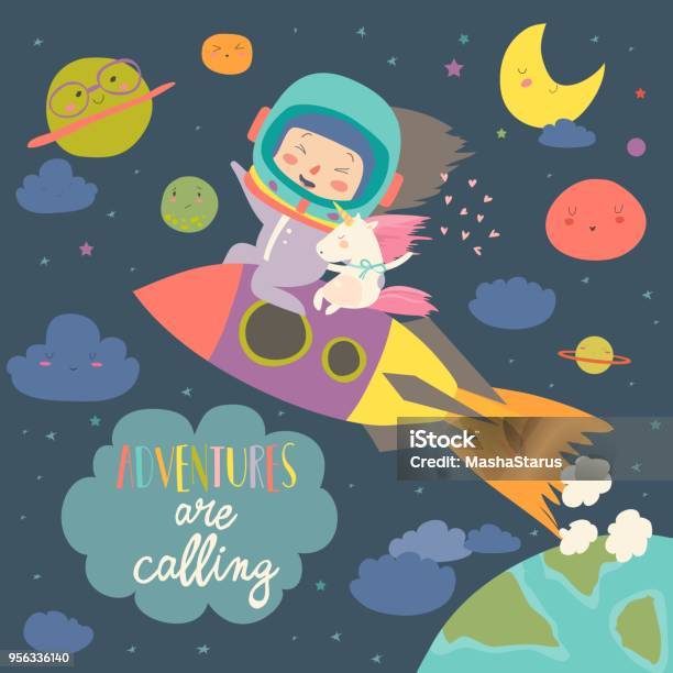 Girl Astronaut With Her Unicorn Riding A Rocket Stock Illustration - Download Image Now - Child, Outer Space, Astronaut