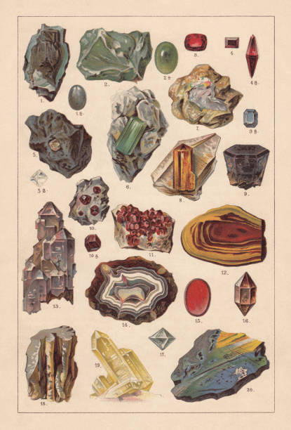Raw gemstones, lithograph, published in 1893 Raw gemstones: 1 - 1a) Turquoise; 2 - 2a) Chrysoprase; 3) Pyrope; 4 - 4a) Ruby; 5 - 5a) Diamond; 6) Diamond; 7) Opal; 8) Topaz; 9 - 9a) Sapphire; 10 - 10a) Almandine; 11) Garnet; 12) Jasper; 13) Amethyst; 14) Agate; 15) Carnelian; 16) Aventurine; 17) Cat's-eye; 18) Chalcedony; 19) Citrine; 20) Labradorite. Lithograph, published in 1893. jasper mineral stock illustrations